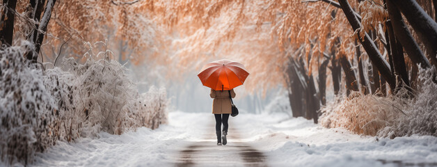 Person walking on cold day in winter through a road with umbrella and surrounded by white snow            - obrazy, fototapety, plakaty