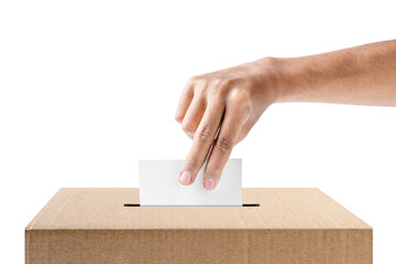 Human hand inserts vote paper into ballot box