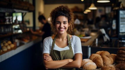 Young latina woman baker in bakery shop looking at camera and smiling. Happy female standing with arms crossed in a bakery - obrazy, fototapety, plakaty