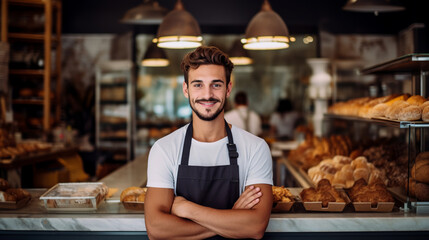 Young man baker in bakery shop looking at camera and smiling. Happy male standing with arms crossed in a bakery