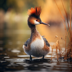 Realistic image of an Australian crested grebe standing on the shore of a lake, unusual background. - obrazy, fototapety, plakaty