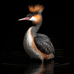 Fototapeta premium Realistic image of an Australian crested grebe standing on the shore of a lake, unusual background.