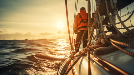 Dynamic sailor on board of the yacht maneuvering with ropes - obrazy, fototapety, plakaty