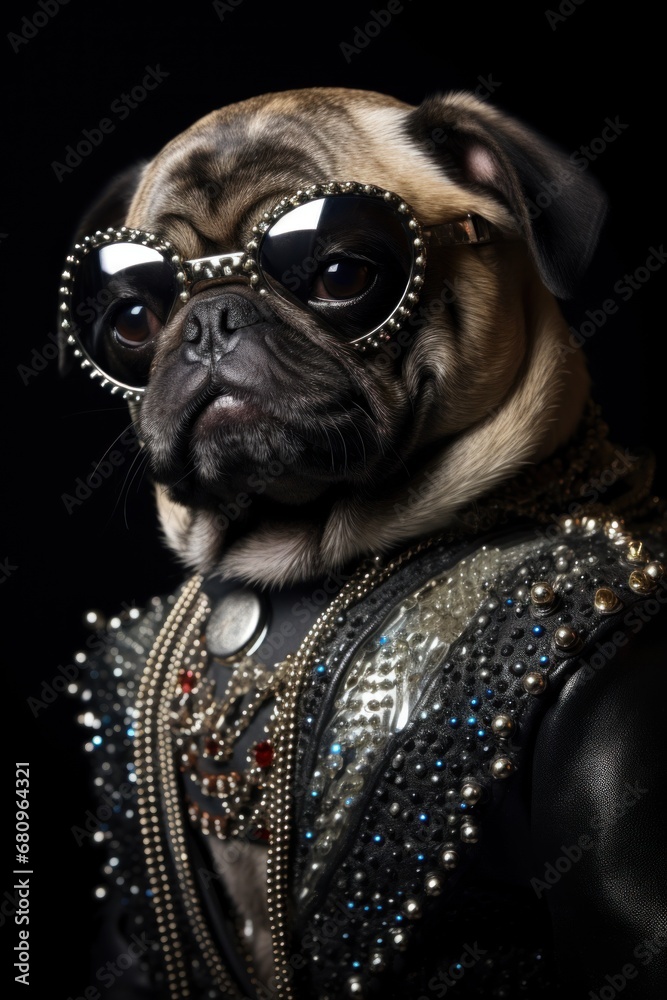 Sticker A pug dog wearing sunglasses and a leather jacket, AI