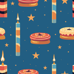 Whimsical vector pattern celebrating Hanukkah Festive donuts and glowing candles create a delightful design for the Festival of Lights.