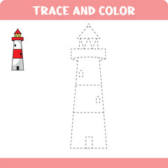 Trace and color educational worksheet for kids. Tracing light house. Activity color pages.