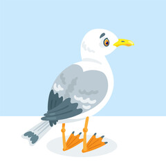 One white seagull sits. In cartoon style. Isolated on blue background. Vector flat illustration