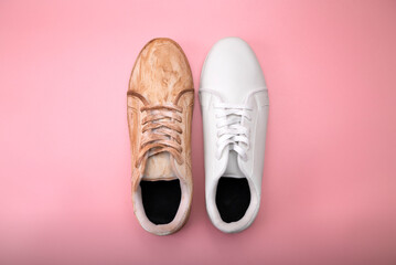 Closeup view of dirty and clean white sneakers - obrazy, fototapety, plakaty