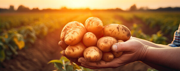 Fresh potatoes in farmer hands in sunset light.