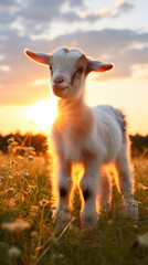 Close-up portrait of a white goat in a field against the sky. AI generated.