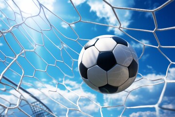 Soccer ball in goal net against Clear Blue Sky