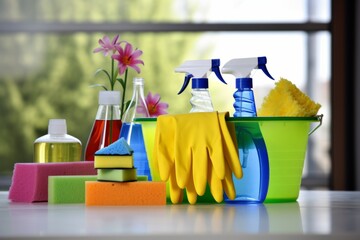 Assortment of Cleaning Supplies on Sunny Kitchen Counter - Powered by Adobe