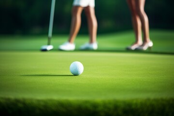 Focused Golf Ball on Vibrant Green with Blurred Golfers in Background