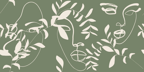 Seamless pattern line drawing of women with different faces and floral.
