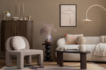 Interior design of elegant living room interior with mock up poster frame, marble lamp, wooden...