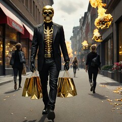 8. An illustration of a golden skeleton walking through a shopping mall on fire with a shopping bag while shopping. Generative AI