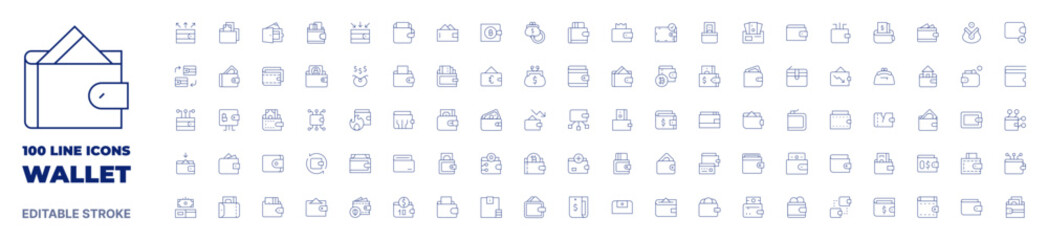 100 icons Wallet collection. Thin line icon. Editable stroke. Wallet icons for web and mobile app.