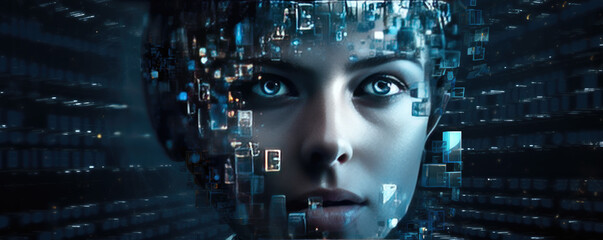 Artificial Intelligence. Woman using technology. Girl enter command prompt for generates dreams, Futuristic concept.