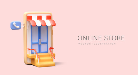 Online realistic store placard with pink background. Smartphone with doors. Shopping online, order products and delivery. Vector illustration in 3D style