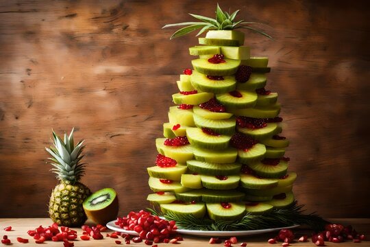 enerate an image of a tree-shaped arrangement made from layers of sliced kiwi and pineapple, with pomegranate seeds as decorations
