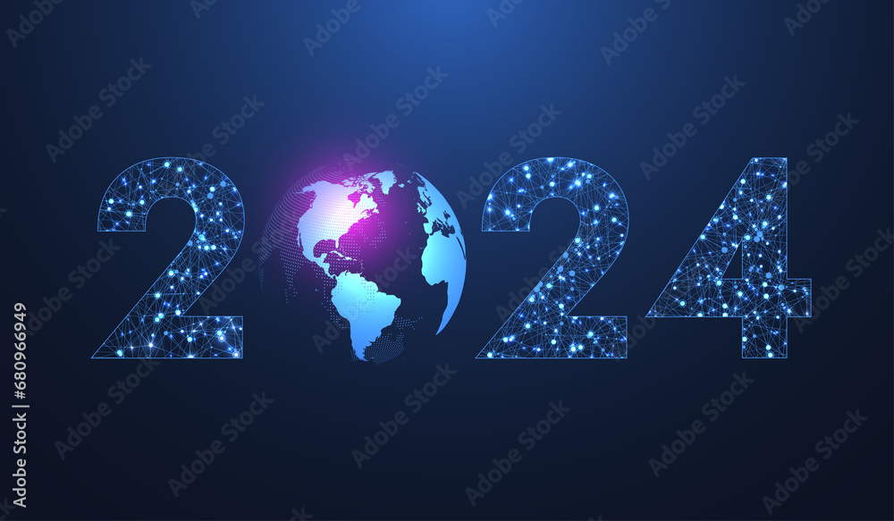 Leinwandbilder Modern futuristic technology template banner or cover for Merry Christmas and Happy New Year 2024 with connected lines and dots. Plexus geometric effect. Global network connection, illustration.
