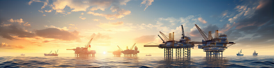 Offshore oil and gas platform in ocean. Petroleum platforms or crane.wide banner - obrazy, fototapety, plakaty