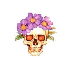 Watercolor skull with spring purple flowers