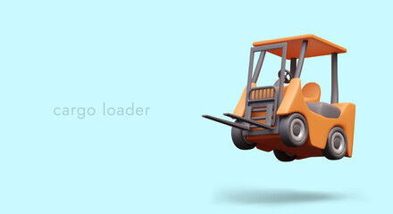 Poster with cargo loader in orange colors. Pallet stacker truck equipment. Concept of warehouse. Modern transport for delivery. Vector illustration in 3D style