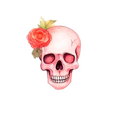 Watercolor skull with spring red flowers and leaves