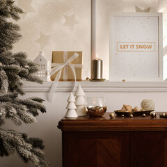 Christmas composition on the vintage shelf in the living room interior with mock up poster frame,...