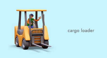 Young happy man sitting in cargo loader and ready to work. Warehouse, transportation, and delivery. Placard with place for text and blue background. Vector illustration in 3D style