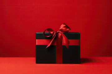 Black gift box tied with red ribbon on Black Friday