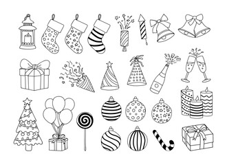 Set of doodle christmas illustrations in vector on isolated white background - obrazy, fototapety, plakaty