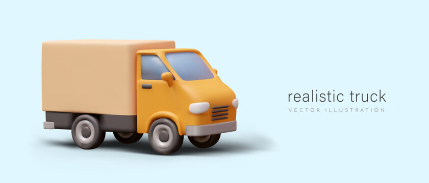 Placard with realistic yellow 3D truck on blue background with place for text. Delivery transport, heavy cargo transportation concept. Vector illustration in 3D style