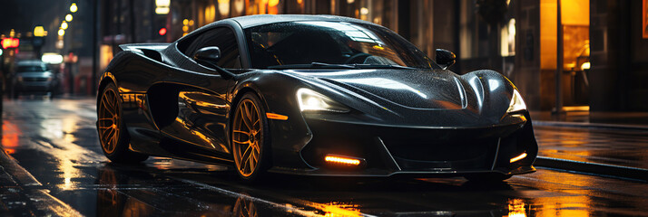 black luxury sports car on in city at night