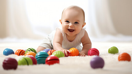 Fototapeta na wymiar Crawling Baby, Toy Adventure. Cheerful Baby Engaging with Toys, Lively Setting