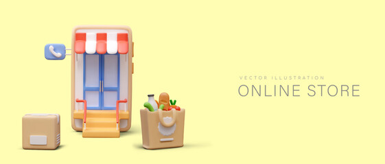 Online store concept. Giant smartphone with door and striped canopy, box, paper bag with food. Delivery of various types of orders and purchases. Color banner