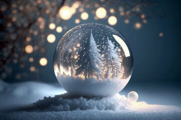 Obraz premium Holiday Card. Transparent Snow globe with snow and Christmas tree inside. Christmas glass ball on snow. Generative AI