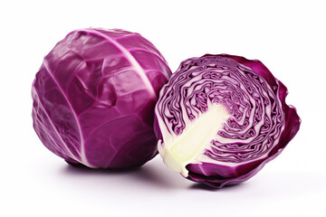 Obraz premium Red cabbage and cut piece of red cabbage isolated on white background.