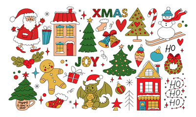 Merry Christmas and Happy New year. Santa Claus, Christmas tree, gifts, gingerbread, dragon, cartoon style
