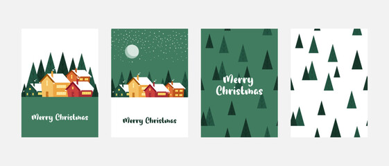 Set of Christmas cards with houses, Christmas trees and snow, with the inscription "Merry Christmas". 4 vector cards for Christmas theme. Vector EPS 10