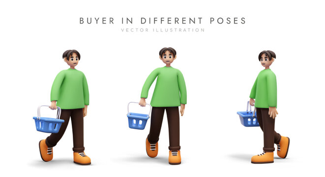 Buyer with empty shopping cart. Vector realistic male character in different poses. Man makes purchases. Color templates for web design in cartoon style