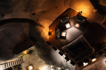 Top view of the night cityscape of the city called Goreme in Cappadocia in Turkey. Beautiful city...