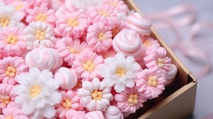 Closeup Bouquet of marshmallow flowers in a gift box. Sweets as a gift, handmade sweet bouquet, home confectionery.