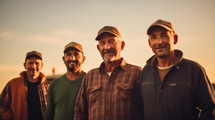 A group of four old smiling farmer men standing on a countryside field at sunset, wearing hats and looking at the camera. Idyllic close up photography of ranch workers - Powered by Adobe