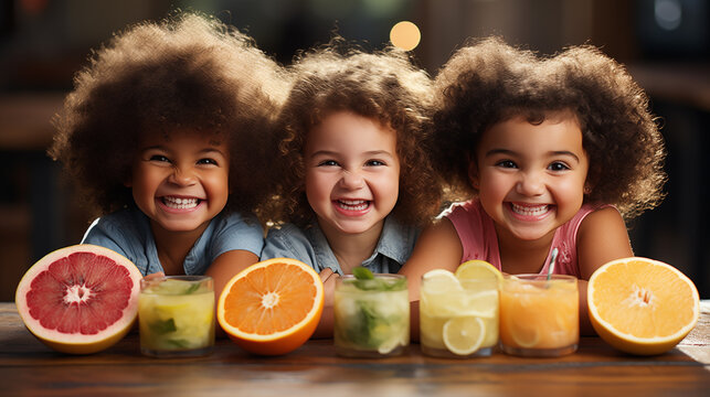 Happy little girls with different refreshing drinks in cafe, close up portrait