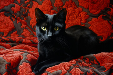 Black cat is laying on red and gray blanket. - obrazy, fototapety, plakaty