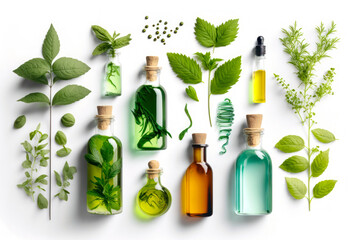 Various bottles with essential oils and medicinal herbs on white background. Top view. Generative AI - Powered by Adobe