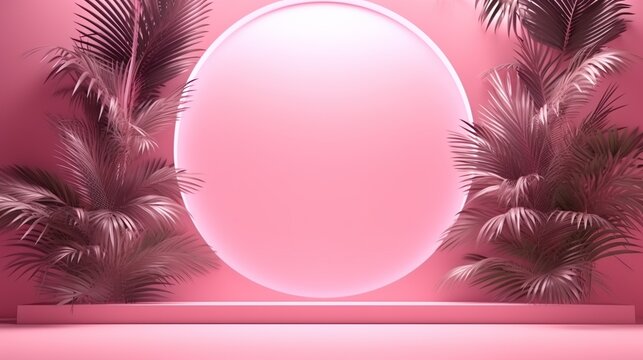 Pink color background, Color gradation, Pink wallpaper. 3D rendering with palm trees