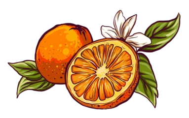 Foto op Plexiglas fruits, flowers and leaves of the orange tree, botanical illustration drawn sketches on a transparent background © SamsonFM
